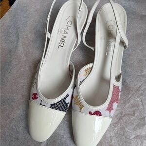 Chanel colorful white patent Slingback heels